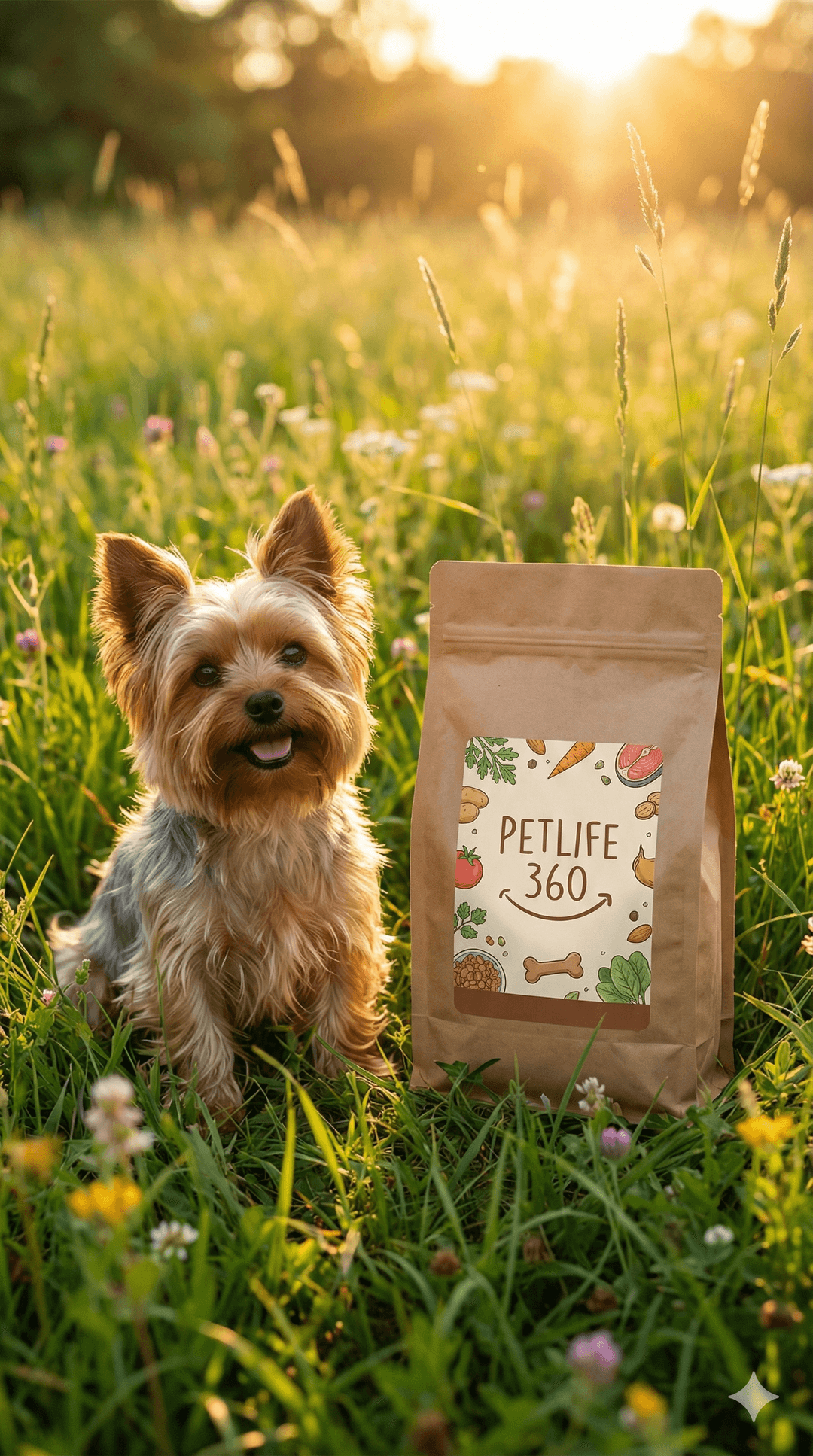 Perro feliz en el campo con comida natural PetLife 360