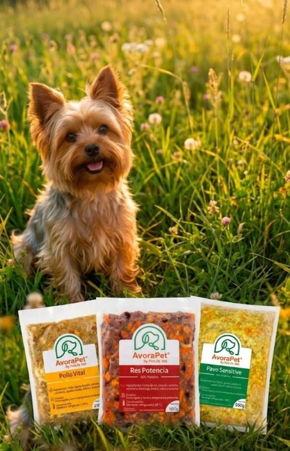 Perro feliz en el campo con comida natural AvoraPet